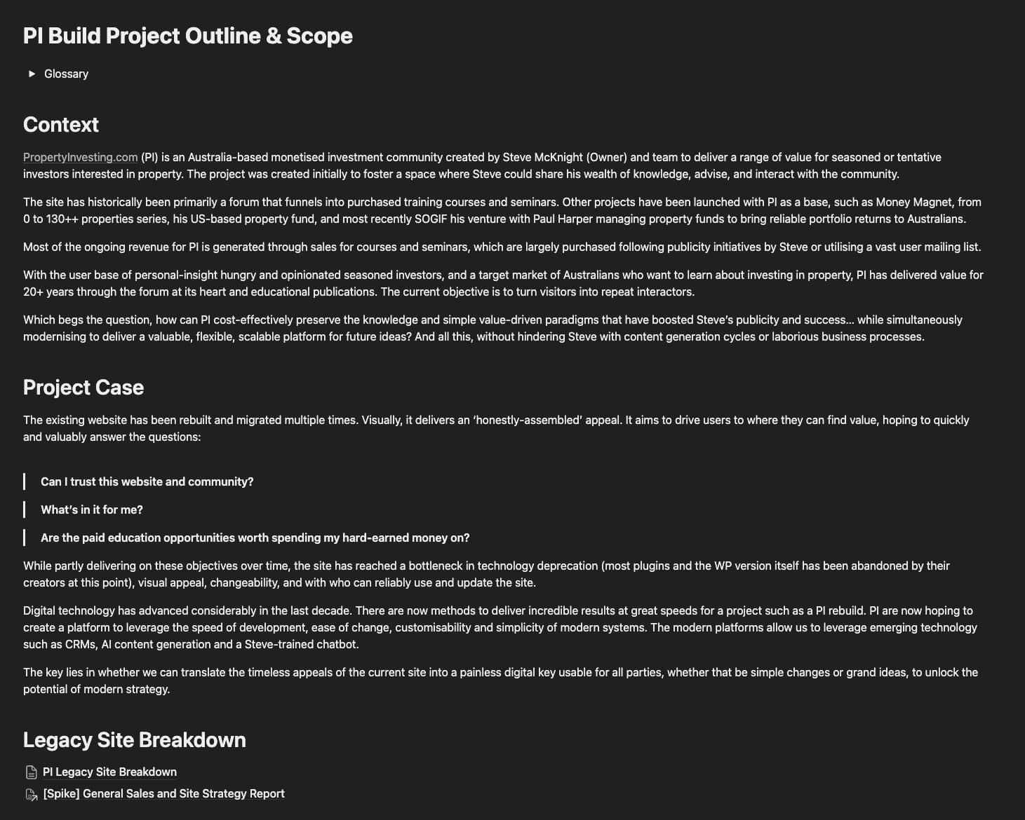 PropertyInvesting.com project scope and strategy document