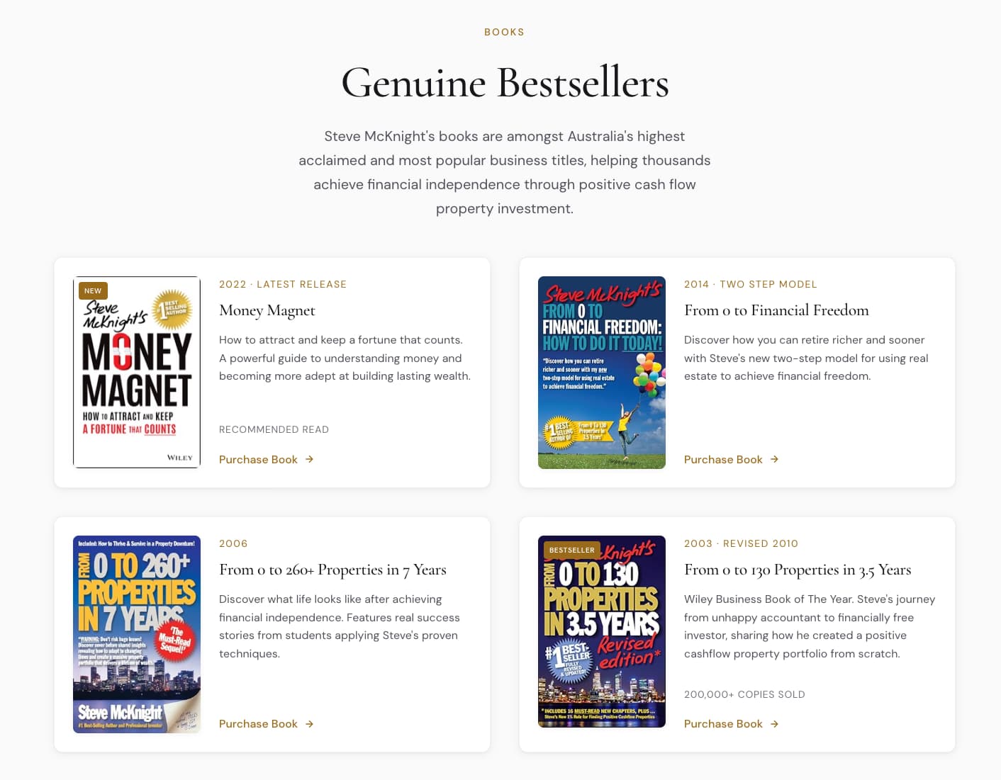 Steve McKnight books section with clean typography and layout